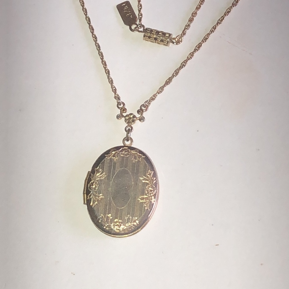 1928 Gold Tone Floral Engraved Locket Necklace
